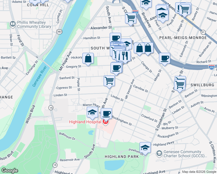 map of restaurants, bars, coffee shops, grocery stores, and more near 791 South Avenue in Rochester