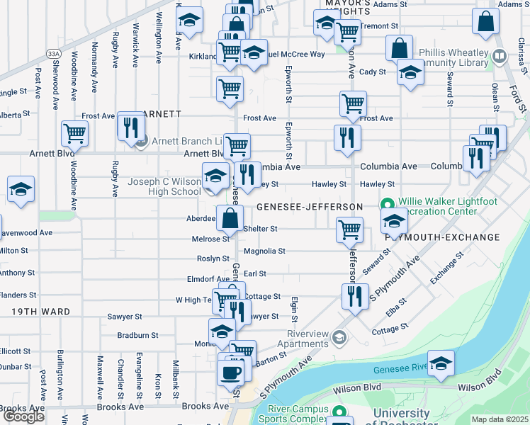 map of restaurants, bars, coffee shops, grocery stores, and more near 526 Flint Street in Rochester