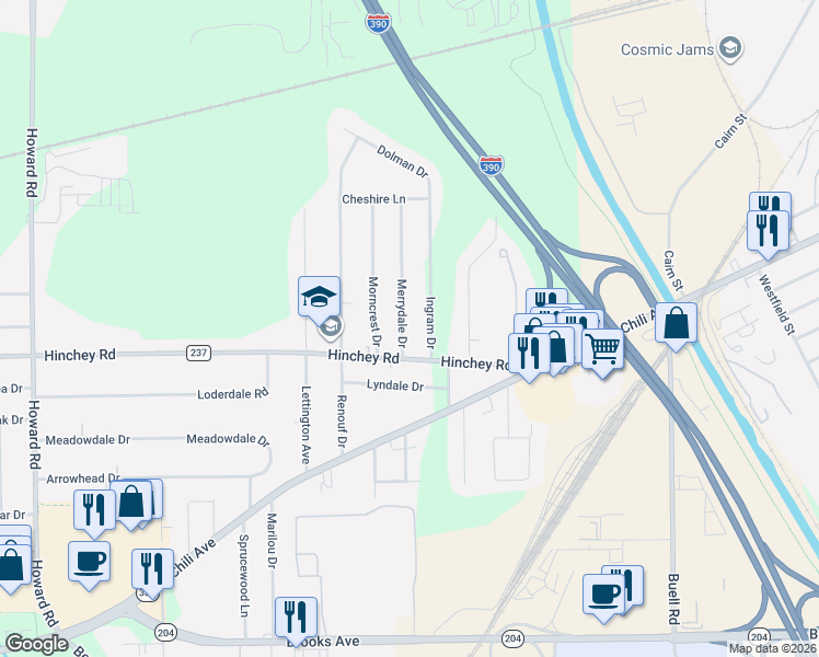 map of restaurants, bars, coffee shops, grocery stores, and more near 30 Merrydale Drive in Rochester