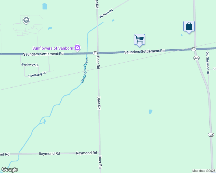 map of restaurants, bars, coffee shops, grocery stores, and more near 5843 Baer Road in Sanborn
