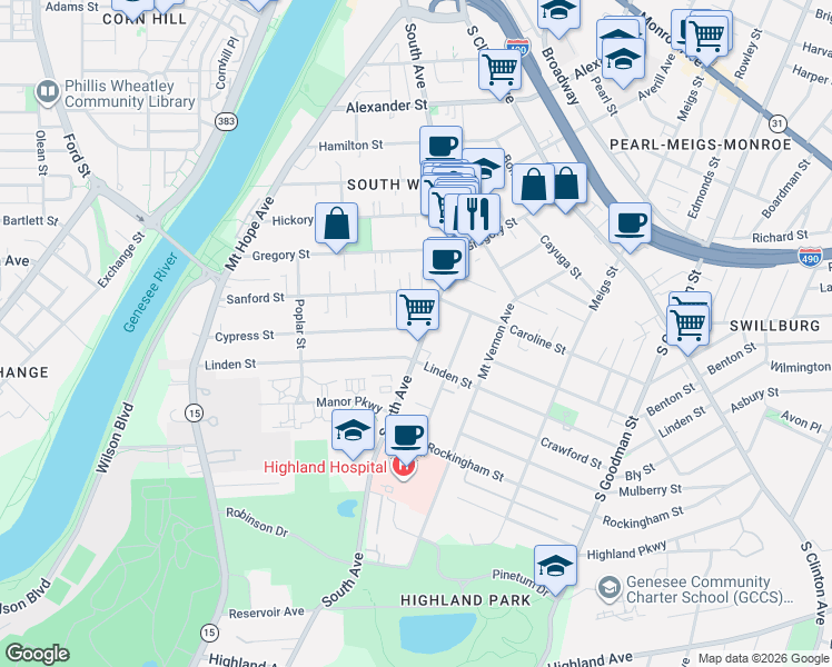 map of restaurants, bars, coffee shops, grocery stores, and more near 791 South Avenue in Rochester