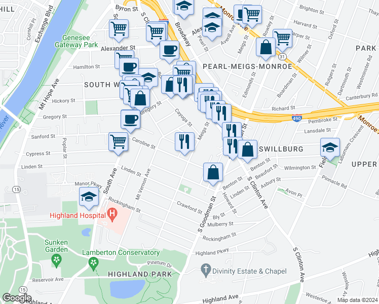 map of restaurants, bars, coffee shops, grocery stores, and more near 769 Meigs Street in Rochester