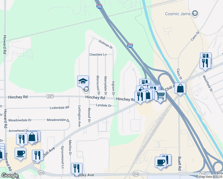 map of restaurants, bars, coffee shops, grocery stores, and more near 39 Ingram Drive in Rochester