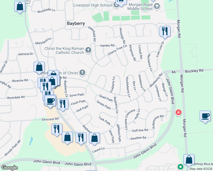 map of restaurants, bars, coffee shops, grocery stores, and more near 4 Elderberry Lane in Liverpool