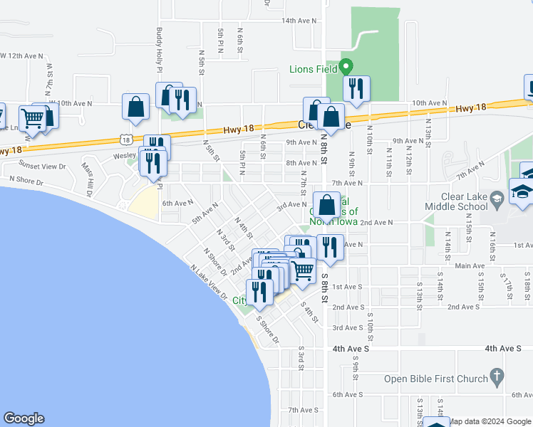 map of restaurants, bars, coffee shops, grocery stores, and more near 500 3rd Avenue North in Clear Lake