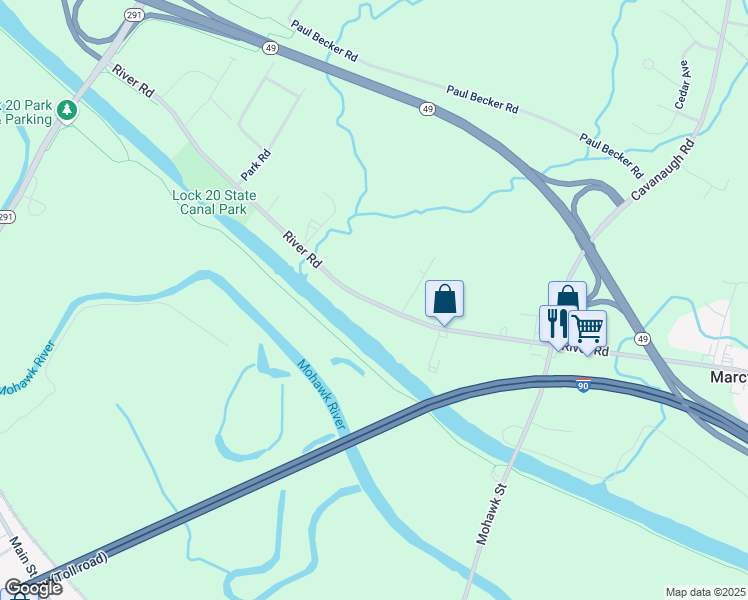 map of restaurants, bars, coffee shops, grocery stores, and more near 9139 River Road in Marcy