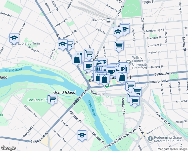 map of restaurants, bars, coffee shops, grocery stores, and more near 27 Bridge Street in Brantford