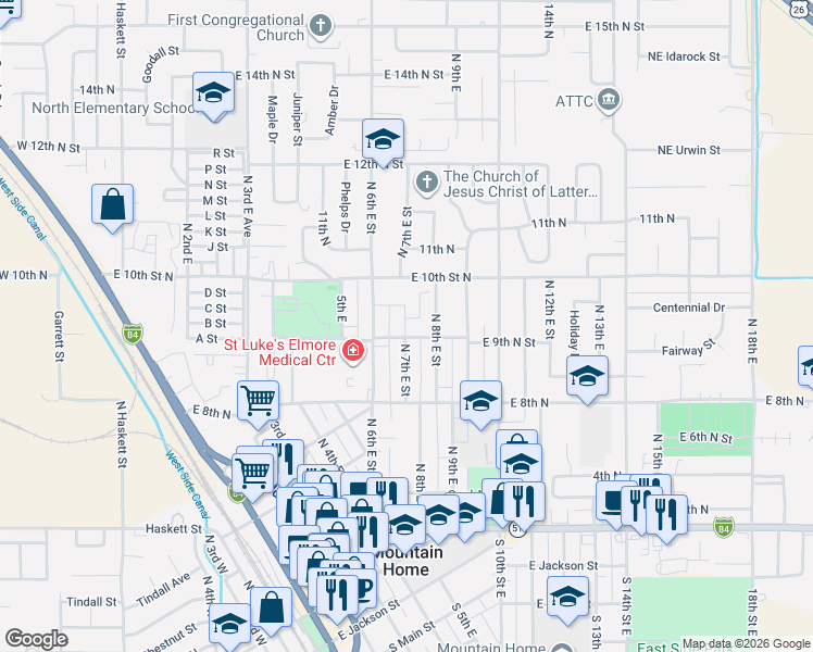 map of restaurants, bars, coffee shops, grocery stores, and more near 935 North 8th East in Mountain Home
