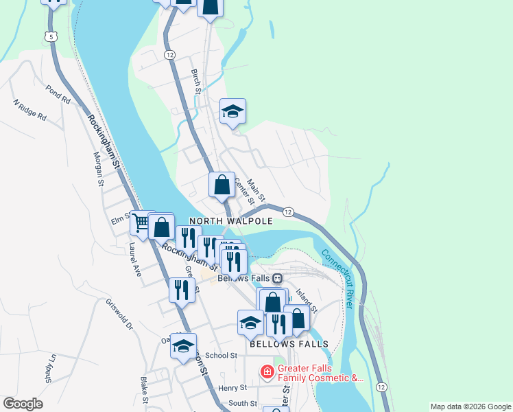 map of restaurants, bars, coffee shops, grocery stores, and more near 1014 Main Street in Walpole