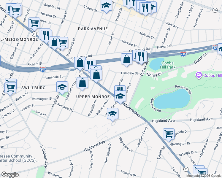 map of restaurants, bars, coffee shops, grocery stores, and more near 1036 Monroe Avenue in Rochester