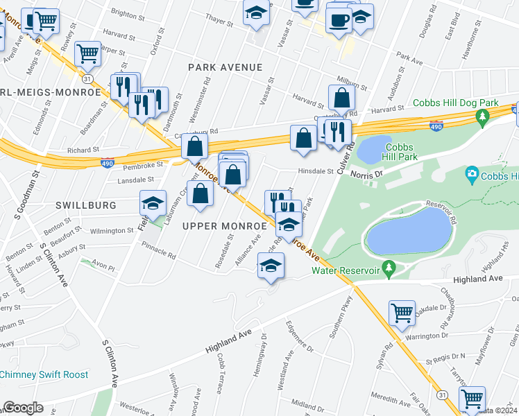 map of restaurants, bars, coffee shops, grocery stores, and more near 1036 Monroe Avenue in Rochester