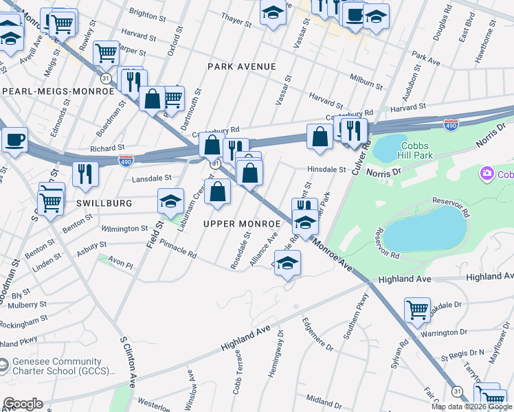 map of restaurants, bars, coffee shops, grocery stores, and more near 18 Shepard Street in Rochester