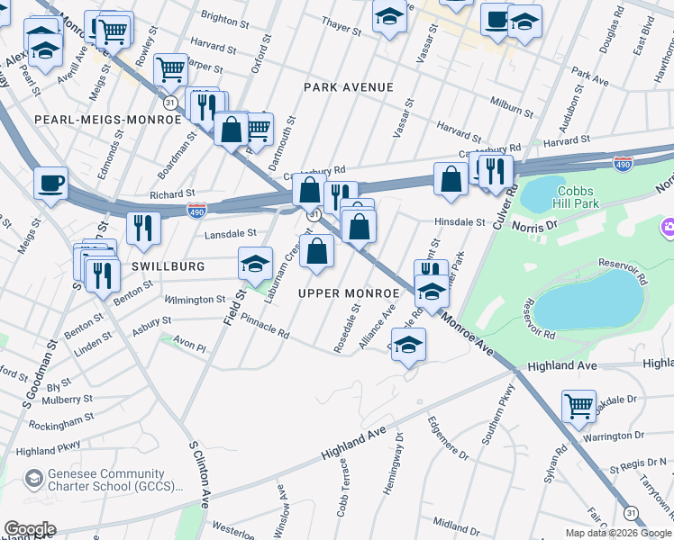 map of restaurants, bars, coffee shops, grocery stores, and more near 48 Crosman Terrace in Rochester