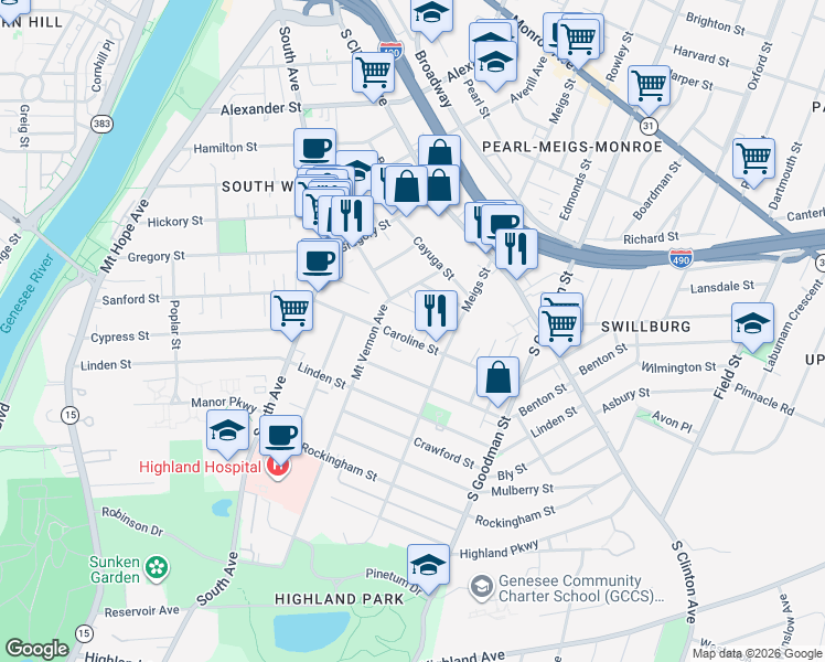 map of restaurants, bars, coffee shops, grocery stores, and more near 45 Washburn Park in Rochester