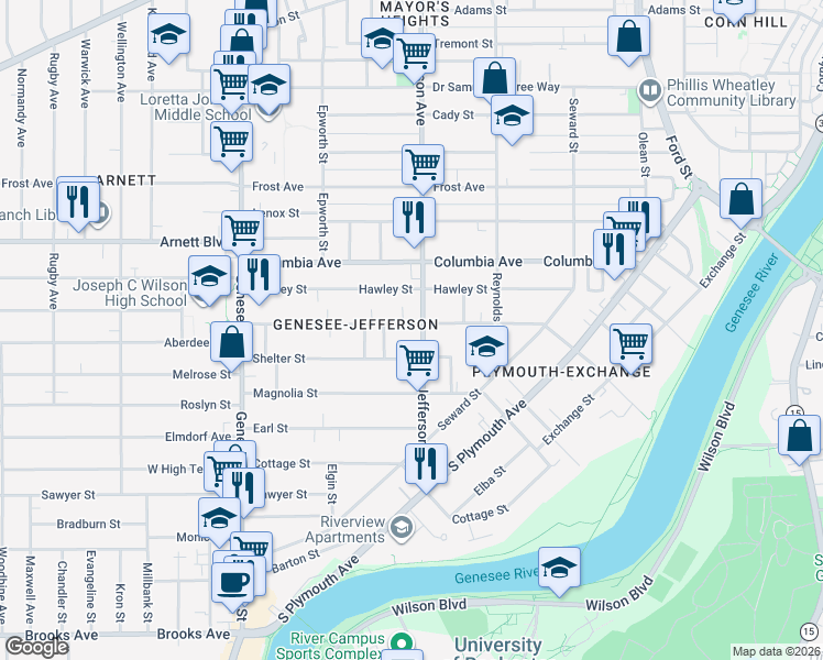 map of restaurants, bars, coffee shops, grocery stores, and more near 354 Flint Street in Rochester