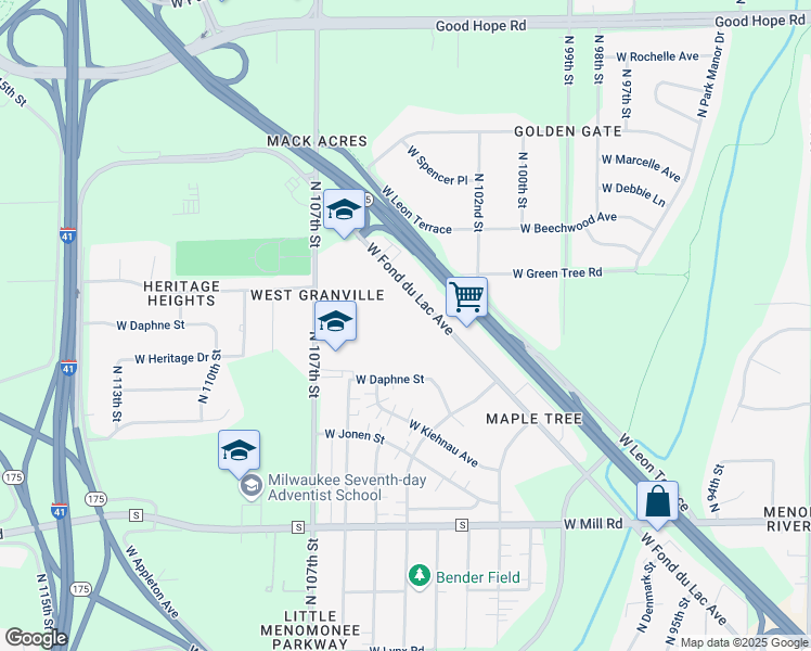 map of restaurants, bars, coffee shops, grocery stores, and more near 10309 West Fond Du Lac Avenue in Milwaukee