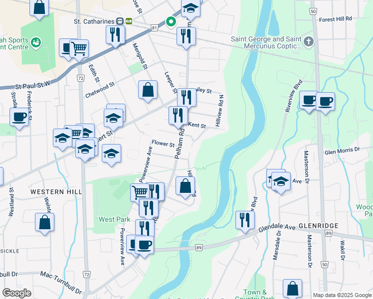 map of restaurants, bars, coffee shops, grocery stores, and more near 72 Hillview Road in St. Catharines