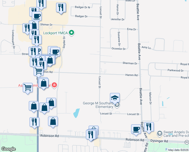 map of restaurants, bars, coffee shops, grocery stores, and more near 6338 Hamm Road in Lockport