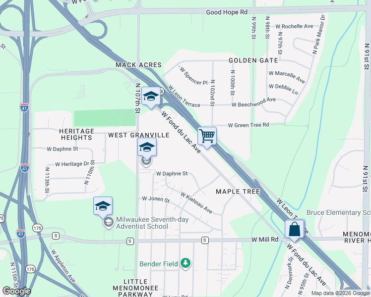 map of restaurants, bars, coffee shops, grocery stores, and more near 10303 West Fond Du Lac Avenue in Milwaukee