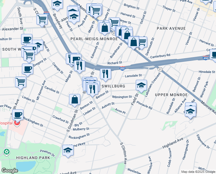 map of restaurants, bars, coffee shops, grocery stores, and more near 101 Henrietta Street in Rochester