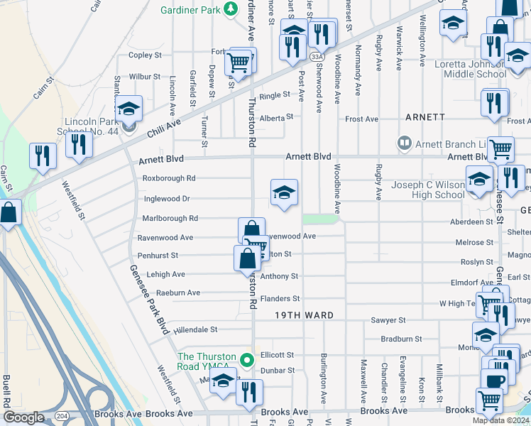map of restaurants, bars, coffee shops, grocery stores, and more near 256 Thurston Road in Rochester