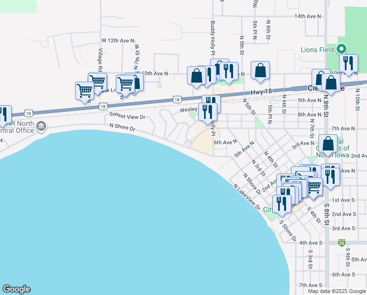 map of restaurants, bars, coffee shops, grocery stores, and more near 477 North Shore Drive in Clear Lake