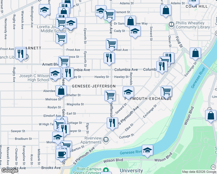 map of restaurants, bars, coffee shops, grocery stores, and more near 354 Flint Street in Rochester