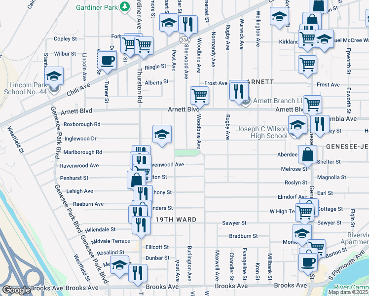 map of restaurants, bars, coffee shops, grocery stores, and more near 392 Aberdeen Street in Rochester