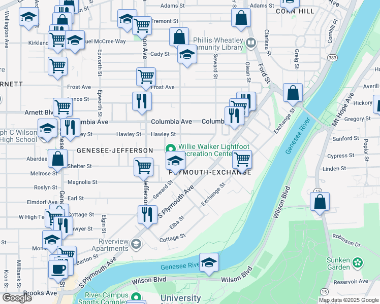 map of restaurants, bars, coffee shops, grocery stores, and more near 204 Flint Street in Rochester