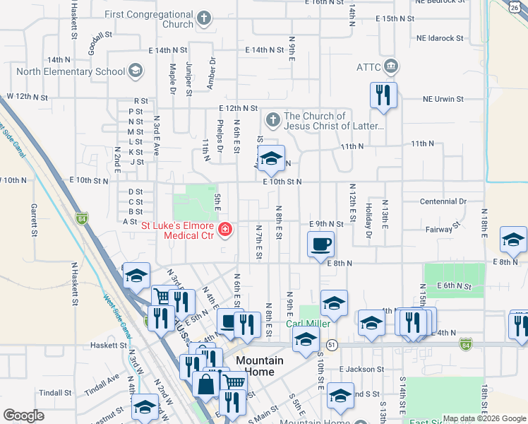 map of restaurants, bars, coffee shops, grocery stores, and more near 935 North 8th East in Mountain Home