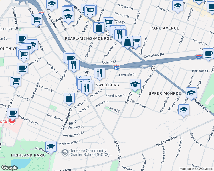 map of restaurants, bars, coffee shops, grocery stores, and more near 124 Henrietta Street in Rochester