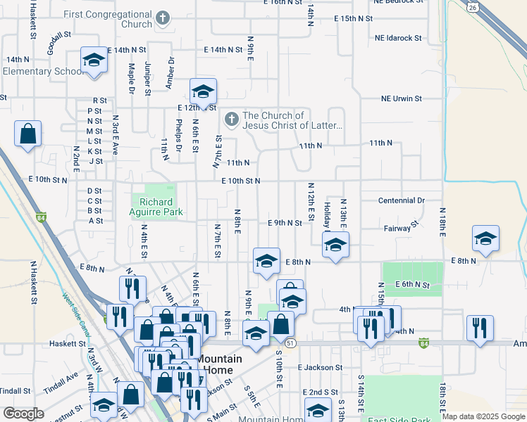 map of restaurants, bars, coffee shops, grocery stores, and more near 930 North 9th East in Mountain Home