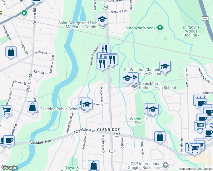 map of restaurants, bars, coffee shops, grocery stores, and more near 10 Belton Boulevard in St. Catharines