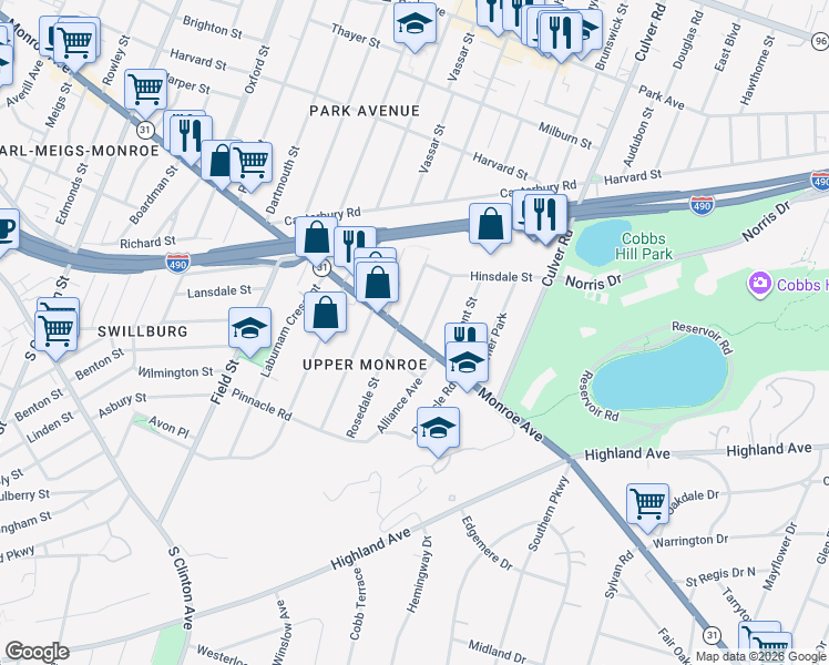 map of restaurants, bars, coffee shops, grocery stores, and more near 1036 Monroe Avenue in Rochester