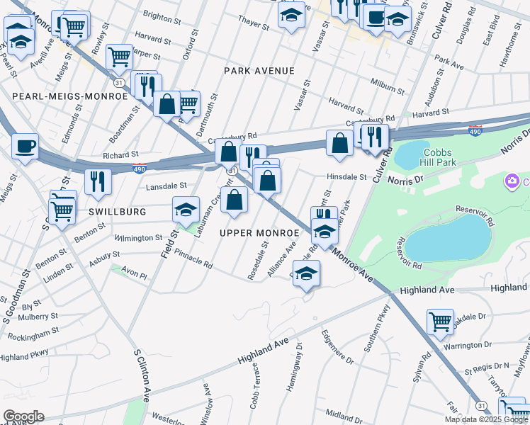 map of restaurants, bars, coffee shops, grocery stores, and more near 18 Shepard Street in Rochester