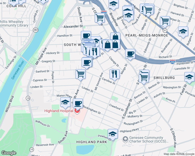map of restaurants, bars, coffee shops, grocery stores, and more near 122 Mount Vernon Avenue in Rochester