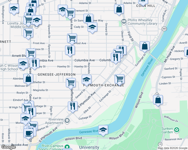 map of restaurants, bars, coffee shops, grocery stores, and more near 204 Flint Street in Rochester