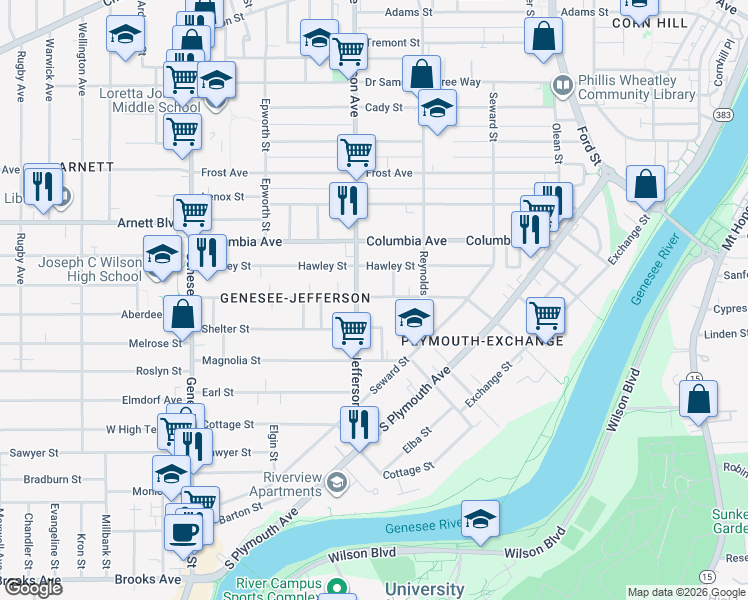 map of restaurants, bars, coffee shops, grocery stores, and more near 310 Flint Street in Rochester
