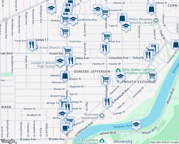 map of restaurants, bars, coffee shops, grocery stores, and more near 476 Flint Street in Rochester