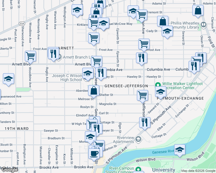 map of restaurants, bars, coffee shops, grocery stores, and more near 526 Flint Street in Rochester