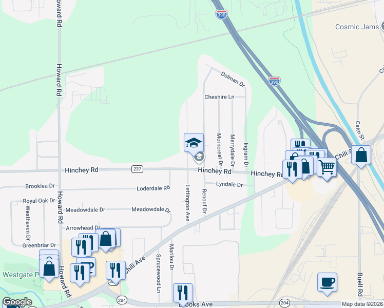 map of restaurants, bars, coffee shops, grocery stores, and more near 133 Lettington Avenue in Rochester