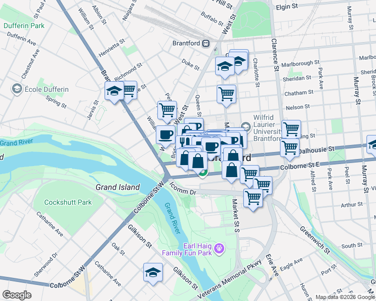 map of restaurants, bars, coffee shops, grocery stores, and more near 31 King Street in Brantford