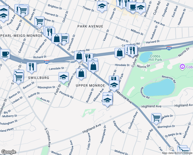 map of restaurants, bars, coffee shops, grocery stores, and more near 209 Rosedale Street in Rochester
