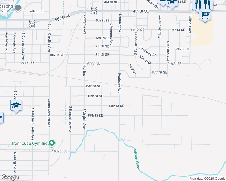 map of restaurants, bars, coffee shops, grocery stores, and more near 1208 South Kentucky Avenue in Mason City