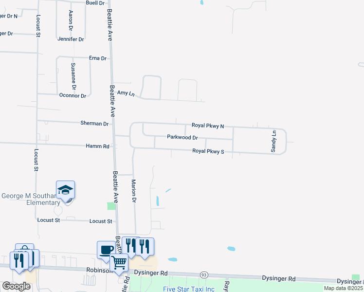 map of restaurants, bars, coffee shops, grocery stores, and more near 6593 Royal Parkway South in Lockport