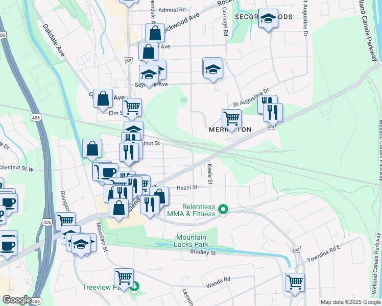 map of restaurants, bars, coffee shops, grocery stores, and more near 67 Chestnut Street East in St. Catharines