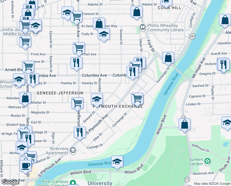 map of restaurants, bars, coffee shops, grocery stores, and more near 320 Seward Street in Rochester