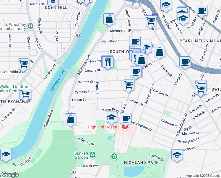 map of restaurants, bars, coffee shops, grocery stores, and more near 198 Cypress Street in Rochester