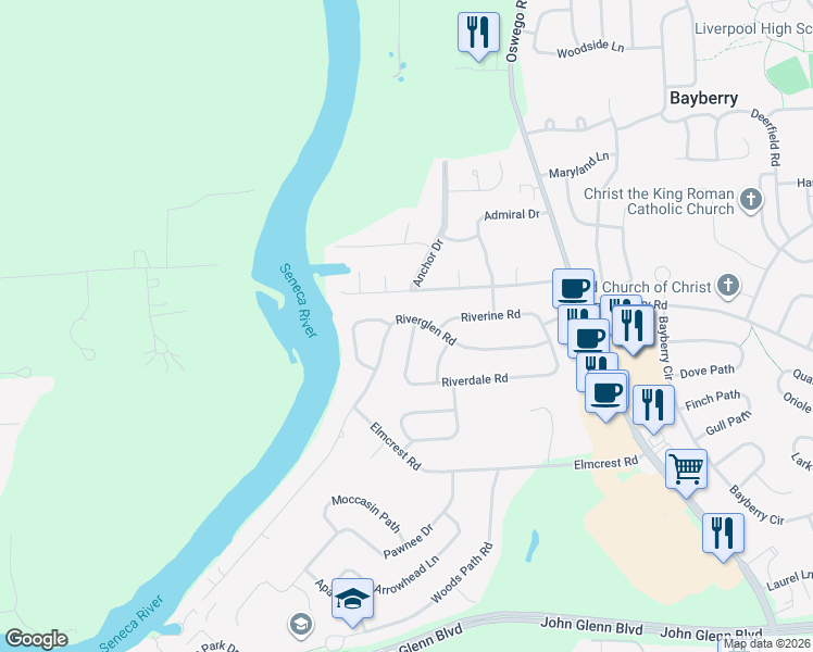 map of restaurants, bars, coffee shops, grocery stores, and more near 229 Riverdale Road in Liverpool