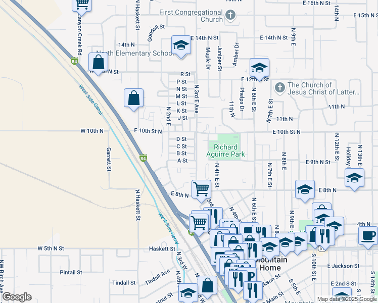 map of restaurants, bars, coffee shops, grocery stores, and more near 134 B Street in Mountain Home